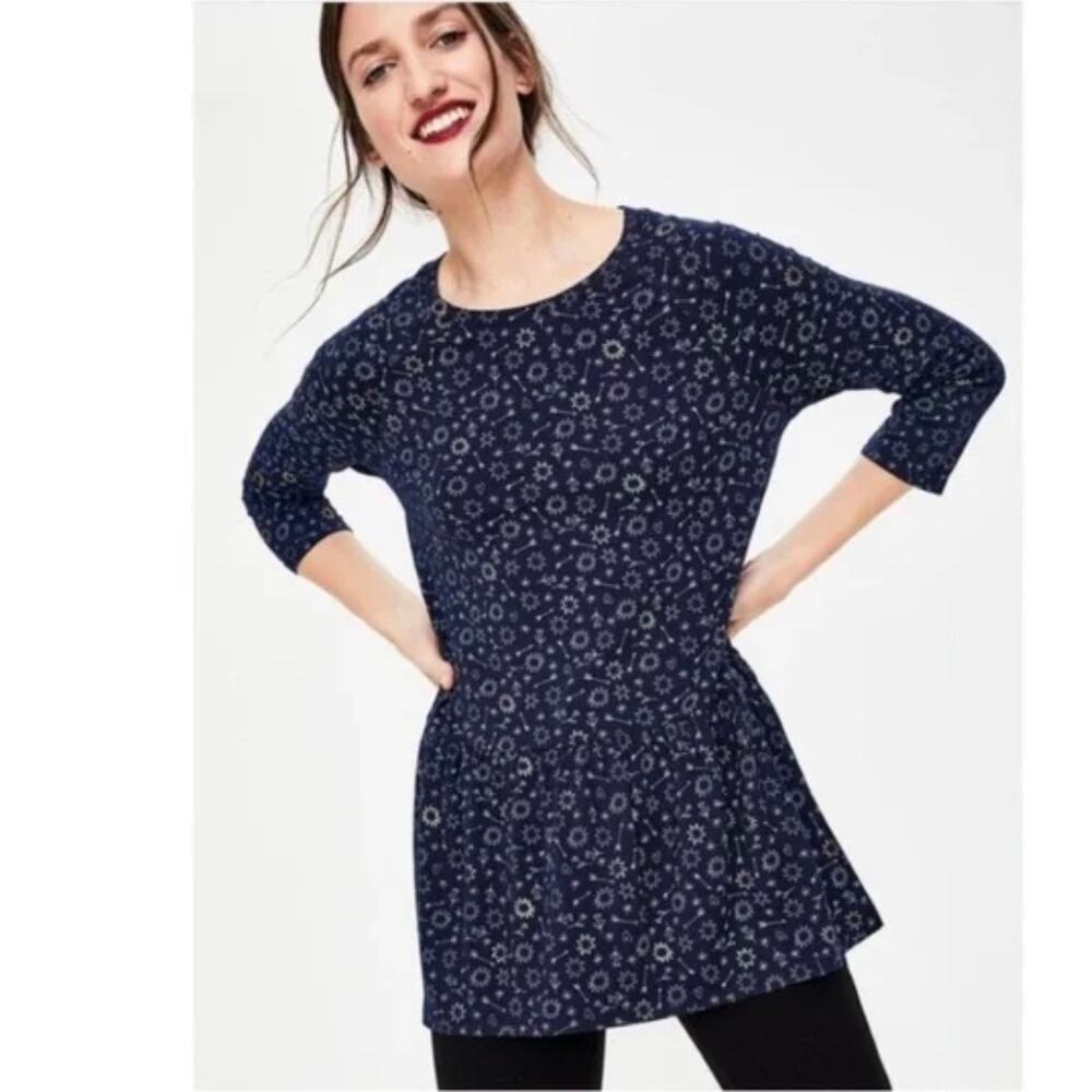 Boden Katrina Jersey Tunic Blue Star‎ Print Pleated Long Sleeve Sz Small
